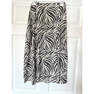 Sfera Basic Zebra Print Midi Skirt Black Olive Green Button Front Slit Size M